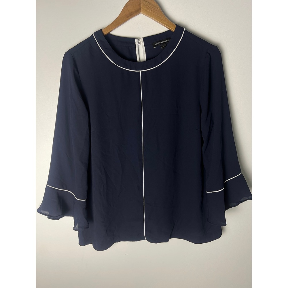 Banana Republic‎ Blouse Wm M Navy Blue Bell Sleeve Keyhole Top Office Old Money